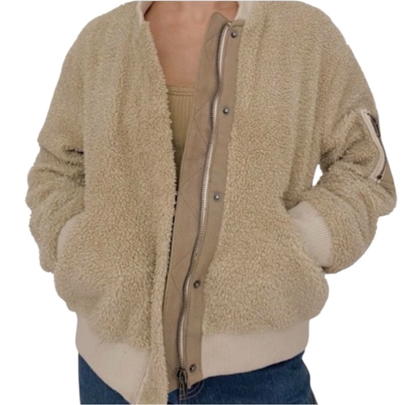 FREE PEOPLE TEDDY AVIATOR MEGAFLEECE BEIGE MULTI-POCKET JACKET SZ M - Picture 1 of 15